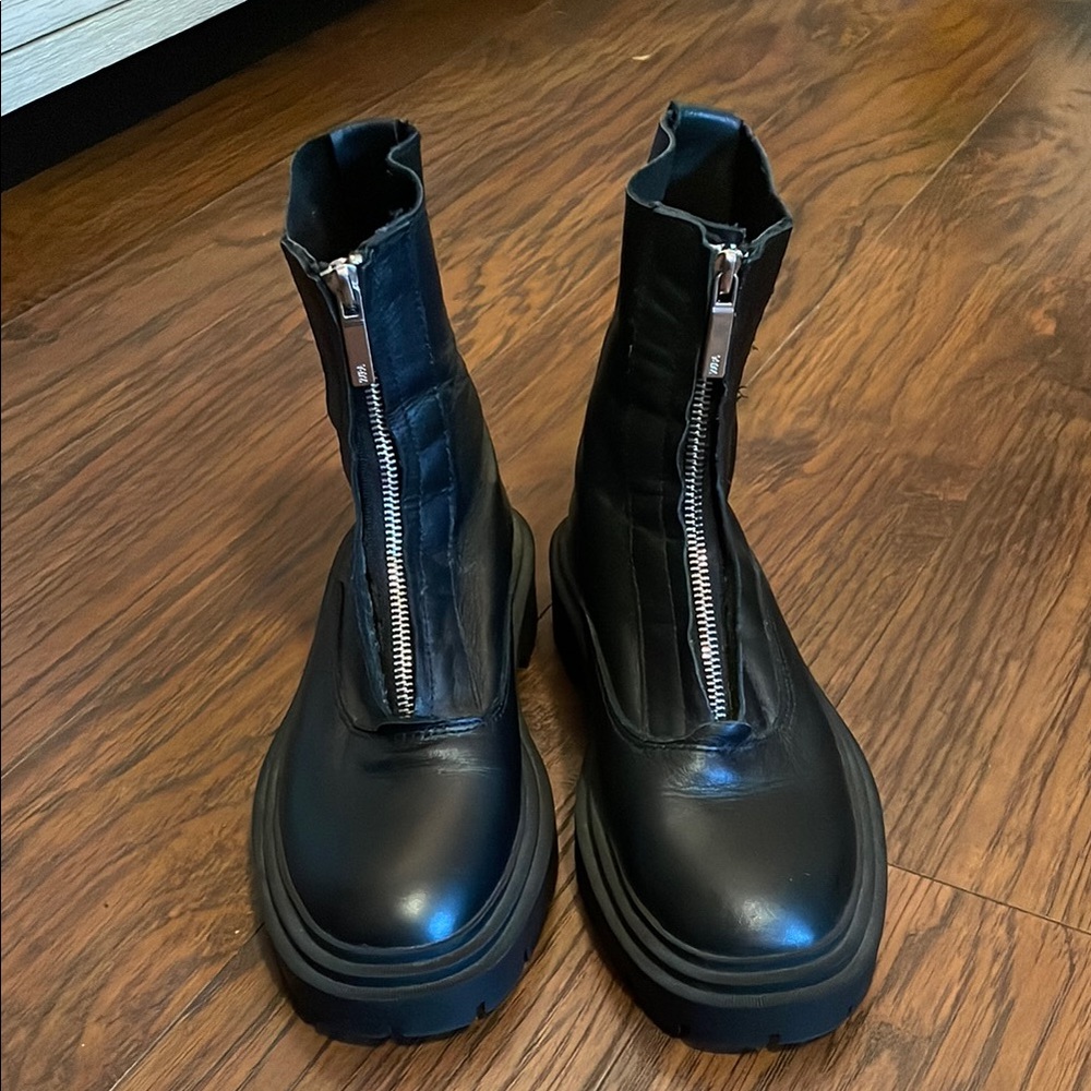 Zara Black Combat Boots with Front Zip and Chunky Sole